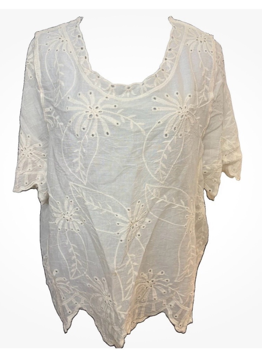 Adora beige Cotton Eyelet Floral Embroidered Scalloped Hem Boho Blouse Top O/S